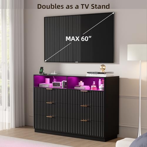 VOWNER Fluted 6 Drawers Dresser for Bedroom Chest of Drawers with 2 Shelves - Image 6