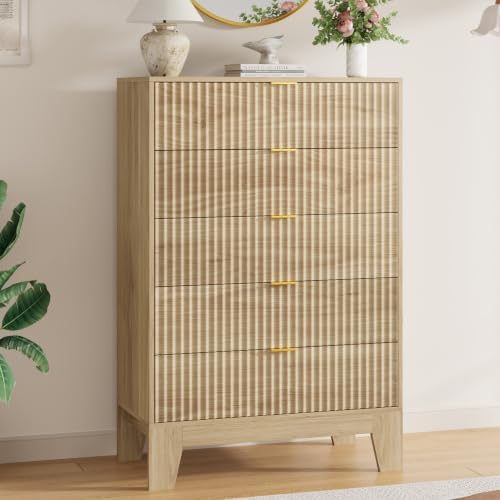Garvee 5 Drawer Dresser for Bedroom, 47" Tall Fluted Chest of Drawers, Oak by Garvee
