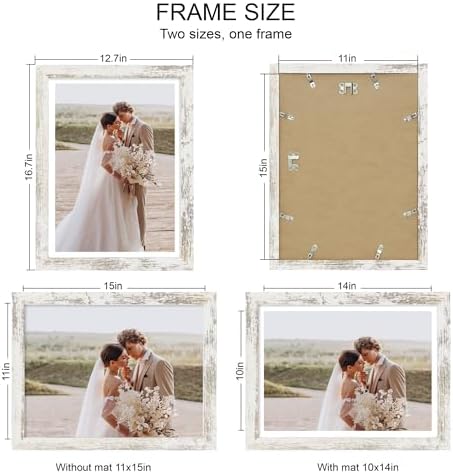 Hongkee 11x15 Picture Frame Set of 4, Made of Real Glass and Distressed White Frame - Display Picture 10x14 with Mat or 11x15 Without Mat, 11 by 15 Photo for Wall Mounting - Image 2