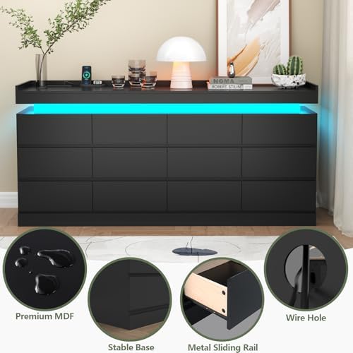 Gyfimoie 12 Drawer Dresser with Power Outlet, Modern Dresser with LED Light - Image 6