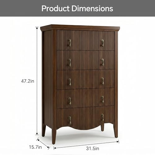 FUSUNBAO 5-Drawer 47" Tall Fluted Dresser, Vertical Chest of Drawers,Walnut - Image 2