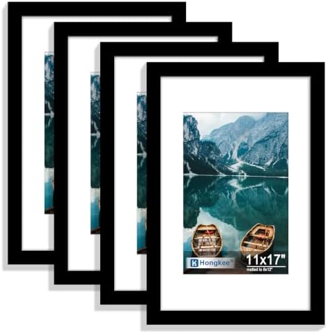 Hongkee 11x17 Picture Frame Set of 4, 11 x 17 Black Wood Style(Mat 8x12) by Hongkee