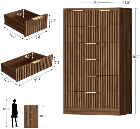 TEENOFN Fluted Dresser for Bedroom with 7 Drawers, 48" Tall Modern Chest of Drawers with Metal Handle, Wooden Dresser TV Stand, Wood Closet Clothes Storage Organizer for Living Room, Hallway, Walnut - Image 2