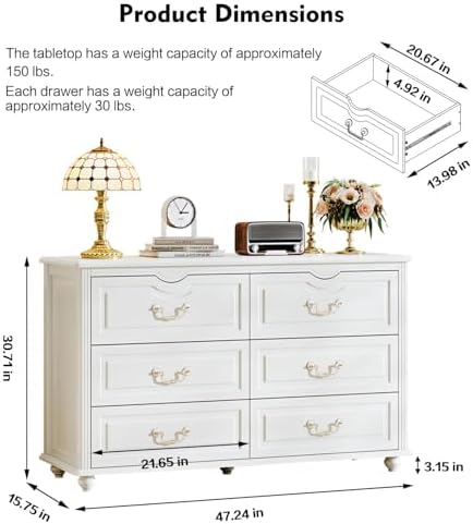 Chrangmay Modern 6 Drawers Dresser Chests for Bedroom,TV Stand,47.2 Wide Chest of Drawers with Handle,Clothes Organizer,Large Storage Cabinet for Living Room,Hallway,with Anti-Tipping Device,Cream - Image 2