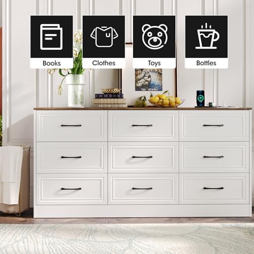 Fameill Dresser for Bedroom, 9 Drawer Wide Dresser Organizer with Charging Station, Tall Dresser for Hallway, Wood Dresser with Metal Handles, Farmhouse White - Image 6