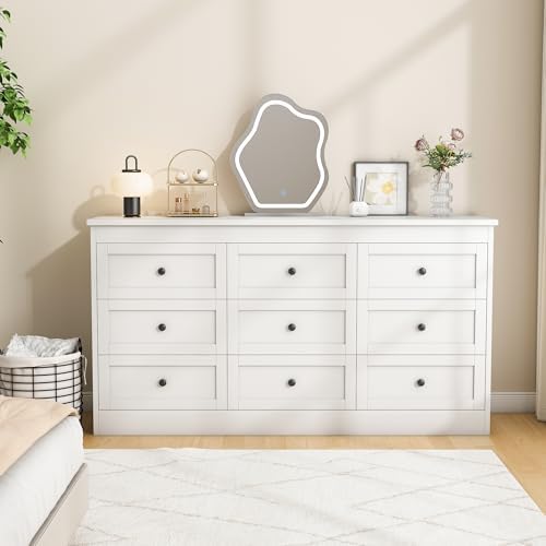 wanan 9 Drawer Dresser for Bedroom, White Modern 59'' Wide Wood Chest of Drawers, Dresser TV Stand, Storage Organizer with Metal Handles for Living Room, Hallway, Entryway - Image 3