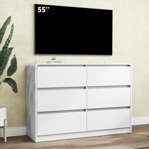 White 6 Drawer Dresser for Bedroom,Modern Chest of Drawer with Curved Corner and No-Handle Design,Bedroom Storage Organizer Dresser for Closet,Hallway - Image 2