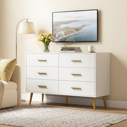 White 6 Drawer Dresser for Bedroom, 47" Wood Dresser with Gold Handles. - Image 3