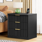 TEENFON Fluted Nightstands Set of 2, Night Stand with Charging Station and LED Light, Nightstand with 3 Storage Drawers, Bedside Table for Small Space, Bedroom, Black - Image 4