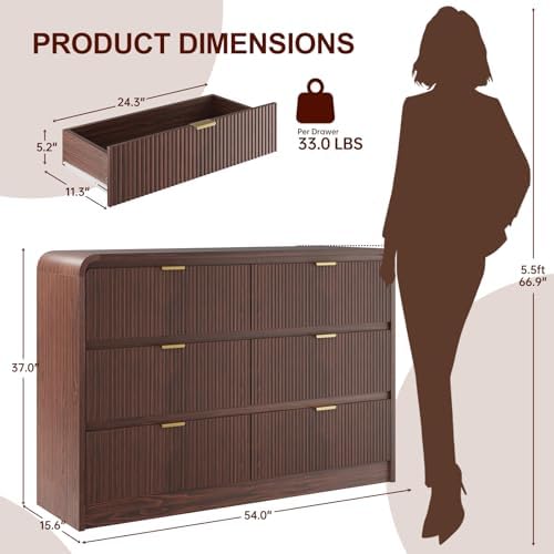 FURSUN Fluted 6 Drawers Dresser for Bedroom, 54" Wide Wooden Dresser with Metal Handle, Curved Profile Design, Modern Storage Organizer for Bedroom, Living Room, Hallway, Dark Walnut - Image 2