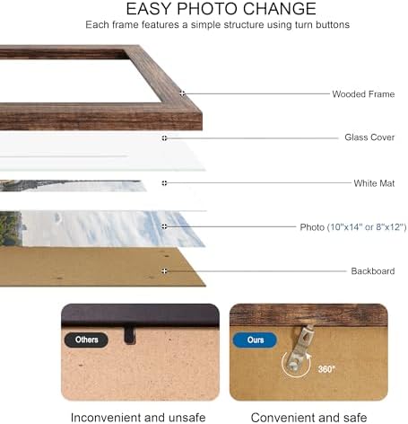 Hongkee 10x14 Picture Frame Set of 4, Made of Glass and Rustic Brown Wooden Frame, Display 8x12 Pictures with Mat or 30 x 40cm Diamond Painting Art without Mat for Wall Mounting, Gallery Photo Frames - Image 4