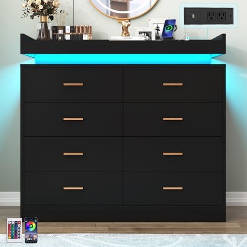 Hlivelood 8 Drawer Dresser with LED Light and Charging Station, Modern Chest of Drawers for Closet, Wide Drawer Organizer Cabinet for Bedroom, Living Room, Entryway, Hallway(Black) - Image 6
