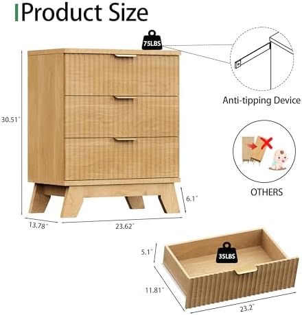 Xixini Fluted Nightstand with 3 Drawers, 24" Wide Side Table, Natural Oak - Image 2