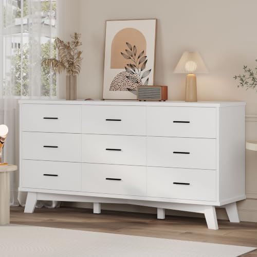 Xixini Dresser for Bedroom, 9 Drawer Wide Modern Chest of Drawers with X-Shaped Sturdy Base, Wood Double Dresser Closet Clothes Storage Organizer, Wooden TV Stand for Living Room, Hallway, White by Xixini