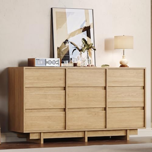 HOUROM Oak Dresser for Bedroom, 59in Modern 9 Drawer Chest of Drawers by HOUROMDresserforBedroom
