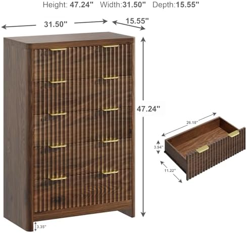 Fluted 47" Tall Dresser for Bedroom with 5 Drawers, Modern Chest of Drawers with Metal Handle & Deep Storage, Wood Closet Clothes Storage Organizer for Living Room & Hallway, Walnut Brown Dresser - Image 2
