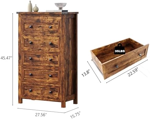 Wodeer Brown Dresser Tall 5 Drawer Dresser for Bedroom, Wooden Dressers & Chests of Drawers with Metal Handles, Modern Storage Cabinet and Organizer Drawers for Bedroom, Hallway, Entryway - Image 2