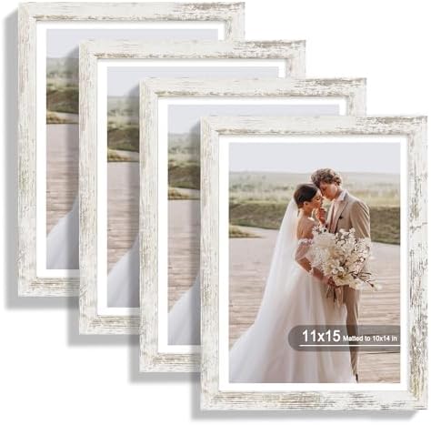 Hongkee 11x15 Picture Frame Set of 4, Made of Real Glass and Distressed White Frame - Display Picture 10x14 with Mat or 11x15 Without Mat, 11 by 15 Photo for Wall Mounting by Hongkee