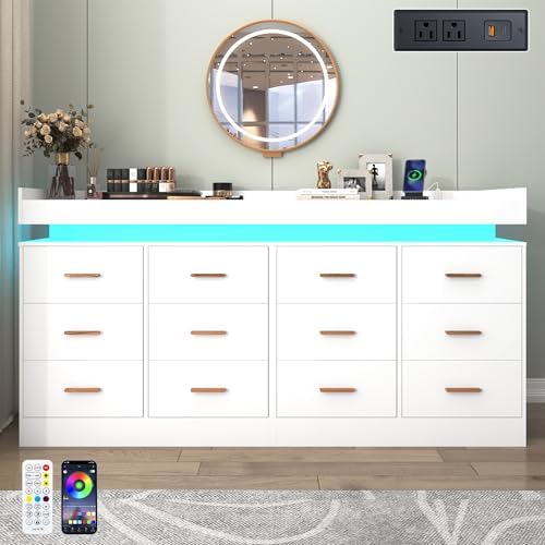 Hlivelood 12 Drawer Dresser with LED Light and Charging Station, Modern Chest of Drawers for Closet, Wide Drawer Organizer Cabinet, Living Room, Entryway, Hallway, White - Image 3