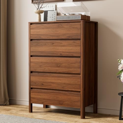 Walnut Dresser for Bedroom, 5 Drawer Dresser with Wood Legs, Tall Wood Dresser, Mid Century Modern Chest of Drawers, Large Storage Bedroom Furniture, Walnut by Furniway