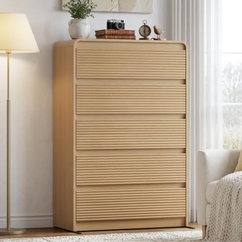 Oak Fluted 5 Drawer Dresser for Bedroom,47" Tall Modern Chest of Drawer by Gyfimoie