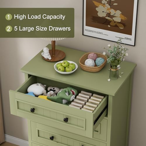 42.7'' Tall 5 Drawer Dresser for Bedroom, Vintage Green Wood Storage Chest - Image 5