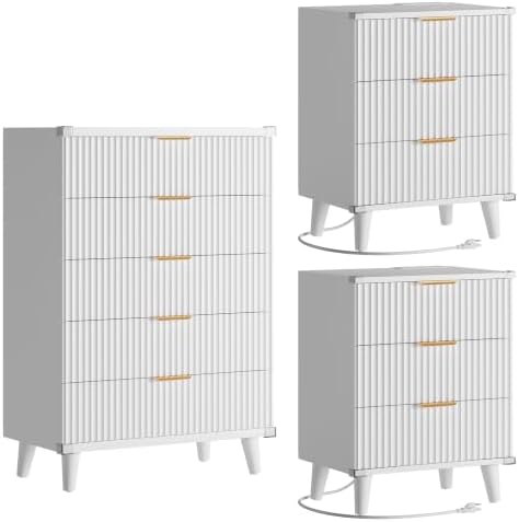 Lulive Dresser and Nightstand Sets 3-Piece, 2 Nightstands + 5-Drawer Dresser Bedroom Sets with Charging Station White by Lulive