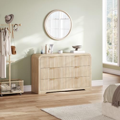 LINSY HOME 6-Drawer Fluted Dresser for Bedroom, Light Oak, Mid Century - Image 3