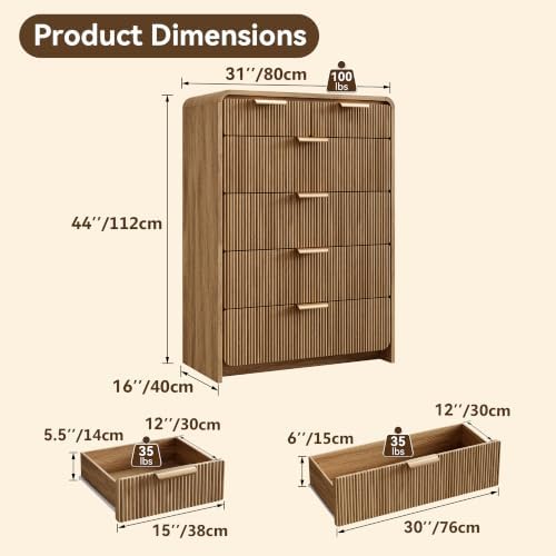 44" Tall 6 Drawers Fluted Dresser for Bedroom, Living Room, Light Walnut - Image 2