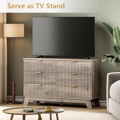 Wodeer 6 Drawer Fluted Dresser for Bedroom, Mid Century Modern Wooden Dresser with 6 Drawers, Dressers & Chests of Drawers with Metal Handle, TV Stand & Storage Organizer for Entryway, Hallway, Grey - Image 3