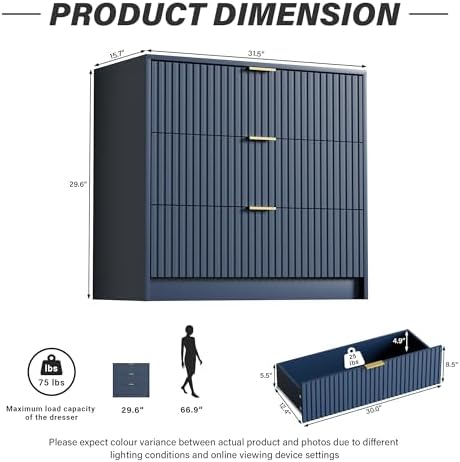Furniway Navy Blue Dresser for Bedroom, Modern Dresser with 3 Drawers and Smooth Slides, Wide Chest of Drawers with Golden Handles for Bedroom, Living Room, Closet, 15.7" D x 31.5" W x 29.6" H - Image 2