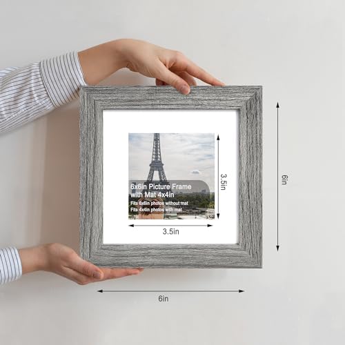 Hongkee 6x6 Picture Frame Set of 4, Made of Glass and Grey Wooden Frame - Display Picture 4x4 with Mat or 6 x 6 Without Mat, 6x6 Photo for Wall or Tabletop - Image 2