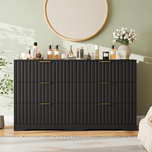 Fluted 6 Drawers Dresser for Bedroom, 55" Wide Wood Dressers, Black - Image 7