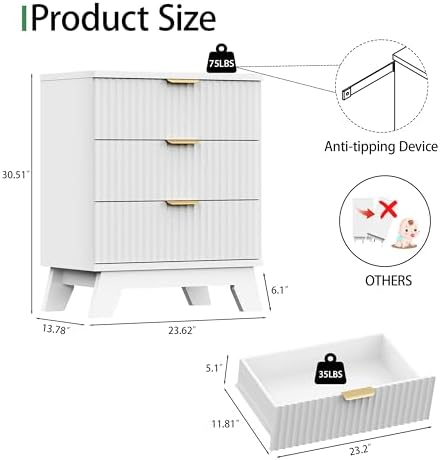 Xixini Fluted Nightstand with 3 Drawers, 24" Wide Side Table, White - Image 2