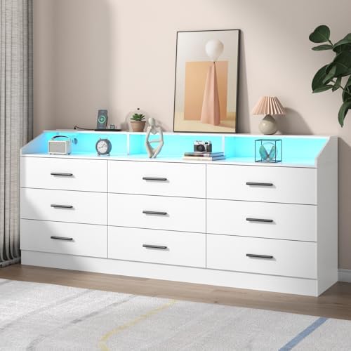 9 Drawers Dresser for Bedroom with Power Outlet,Modern Dresser w/ LED Light by Gyfimoie