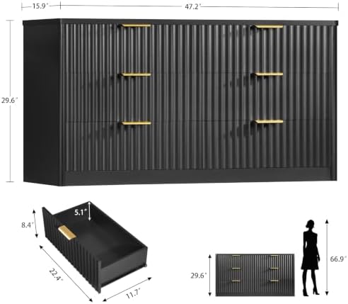 TEENFON Fluted 6 Drawer Dresser for Bedroom, Wide Modern Chest of Drawers with Metal Handle, Curved Profile Design, Wood Closet Clothes Storage Organizer for Bedroom, Living Room, Hallway, Black - Image 2