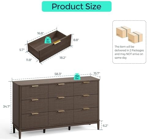 LINSY Fluted 9 Drawer Dresser for Bedroom, 58" Wide Mid-Century Modern Tall Chest of Drawers, Deep Storage Dresser with Curved Corner Design, Large Accent Wood Cabinet for Bedroom, Walnut - Image 2