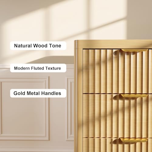 Fluted 47" Tall Dresser for Bedroom with 5 Drawers, Modern Chest of Drawers with Metal Handle & Deep Storage, Wood Closet Clothes Storage Organizer for Living Room & Hallway, Natural Oak Dresser - Image 4