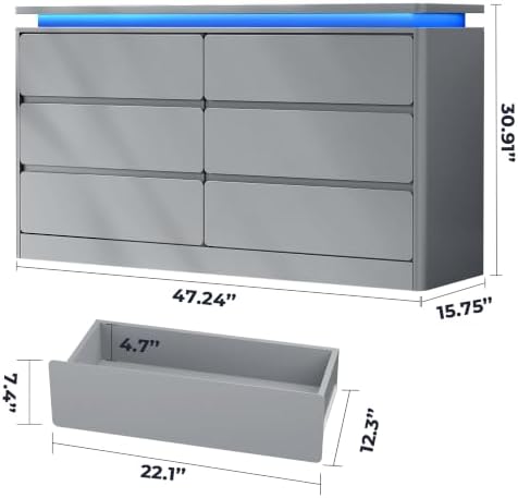 6 Drawer Dresser for Bedroom,47.24" Long Grey Chest of Drawers w/LED Lights - Image 2