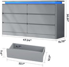 6 Drawer Dresser for Bedroom,47.24" Long Grey Chest of Drawers w/LED Lights - Image 2