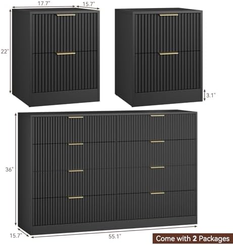 8 Drawer Dresser & 2-Drawer Nightstand Set 3-Piece, Black丨55 Wide Fluted Black Dresser and Night Stand Set of 2 Modern Wood Chest of Drawers Storage Dressers Set for Bedroom - Image 2
