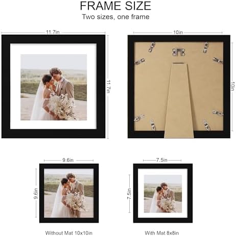 Hongkee 10x10 Picture Frame Set of 4, Made of Real Glass and Black Wooden Frame - Display Picture 8x8 with Mat or 10 x 10 Without Mat, 10 by 10 Photo for Wall or Tabletop - Image 2