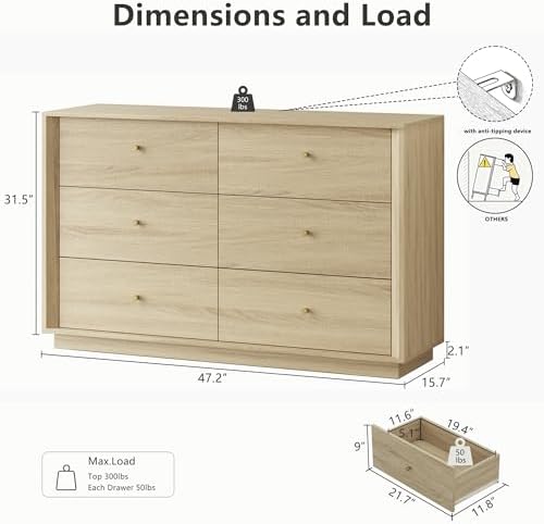 FORTUNETEC 47" Wide 6 Drawer Dresser for Bedroom,Oak - Image 2