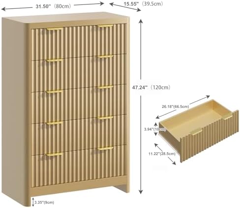 Natural Oak Dresser with 5 Deep Drawers, 47" Tall Fluted Chest of Drawers, Round Edge, Modern Vertical Dresser, Wooden Storage Organizer Cabinet for Bedroom, Living Room, Entryway, Hallway - Image 2
