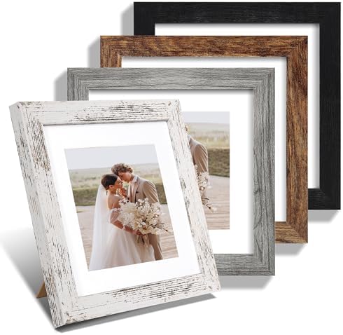 Hongkee 8x8 Picture Frame Set of 4, Made of Glass and Multicolour Wooden Frame, 8 by 8 Photo for Wall or Tabletop - Display Picture 6x8 with Mat or 8x8 Without Mat by Hongkee