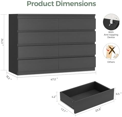 Modern 8 Drawer Dresser, Simply Chest of Drawers for Bedroom, Wood Storage Dresser with Deep Drawers for Living Room/Hallway/Entryway (Black) - Image 2