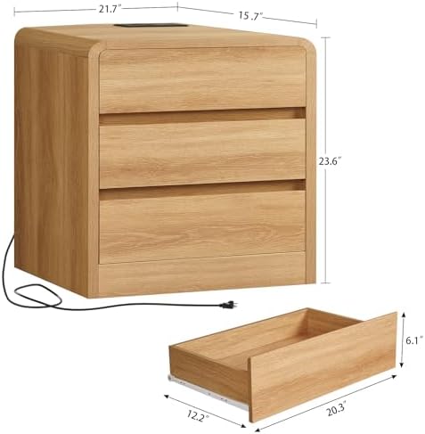 TEENFON Nightstands Set of 2, Night Stand with 3 Storage Drawer and Charging Station, Modern End Tables Wide Night Stands for Bedroom Sofa Couch Home Office, Natural - Image 3