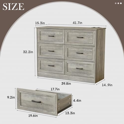 Fameill Dresser for Bedroom, 6 Drawer Wide Dresser Organizer with Charging Station, Tall Dresser for Hallway, Wood Dresser with Metal Handles, Ash Grey - Image 2
