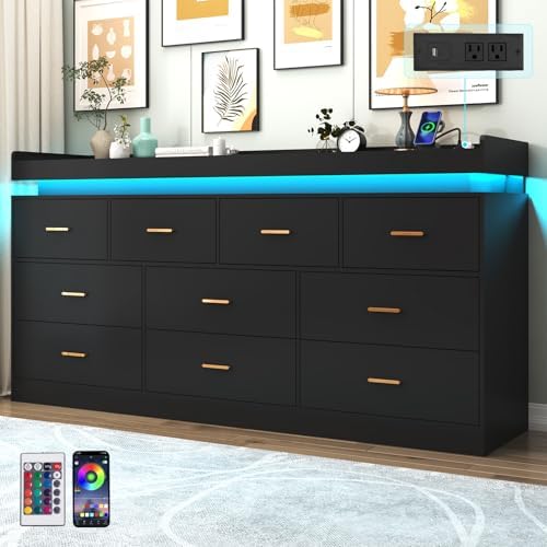 Hlivelood 10 Drawer Dresser with LED Light and Charging Station, Modern Chest of Drawers for Closet, Wide Drawer Organizer Cabinet, Living Room, Entryway, Hallway, Black by Hlivelood