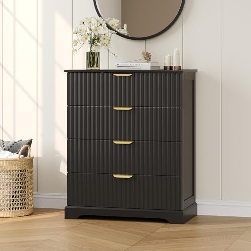 Wooden 4 Drawer Dresser for Bedroom, 36.6 in Tall Fluted Dresser with Metal Handles, Modern Chest of Drawers for Bedroom, Living Room, Entryway, Black by HOME